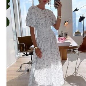 JCrew Puff Sleeve Smocked Waist Midi Dress In Dot Size‎ Large Petite NWT